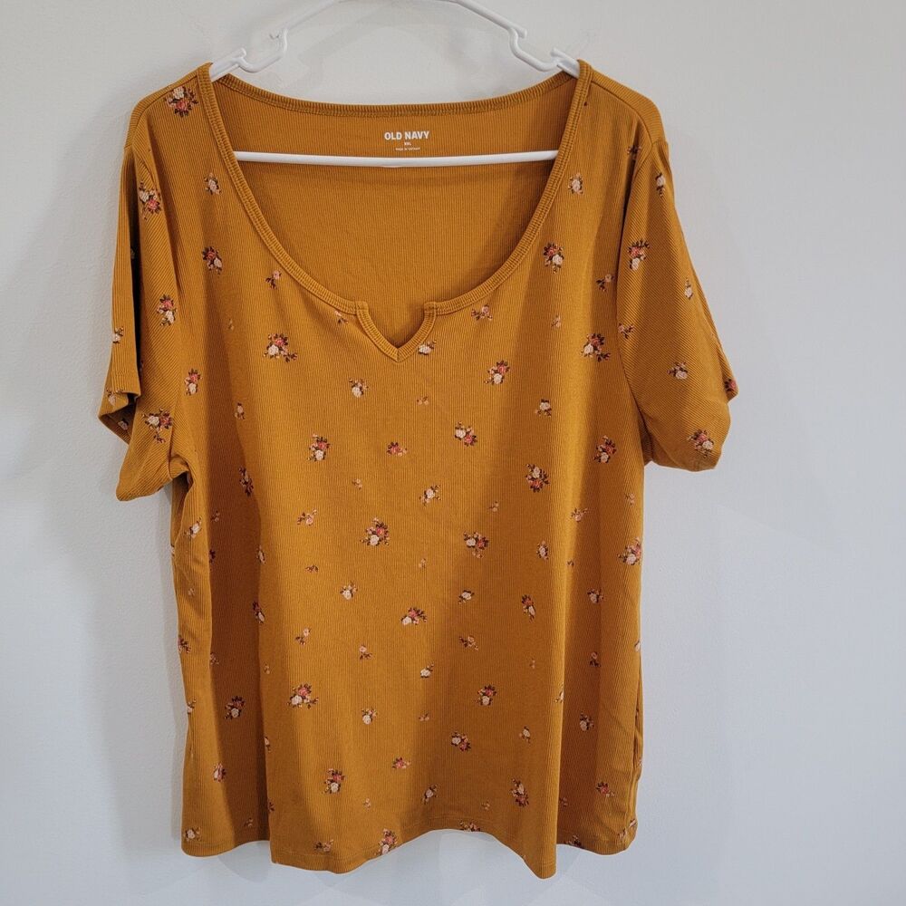 Old Navy Womens‎ Ribbed Top Size XXL Mustard Yellow Floral Fall Boho